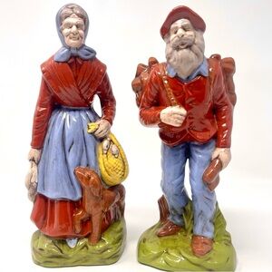 Vintage Ceramic Figurines Old Man with Ax & Wood Old Lady w/ Dog & Ducks Farmer